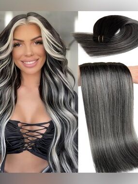 Natural Black Silver Balayage Human Hair 20 Inch Hair Extensions